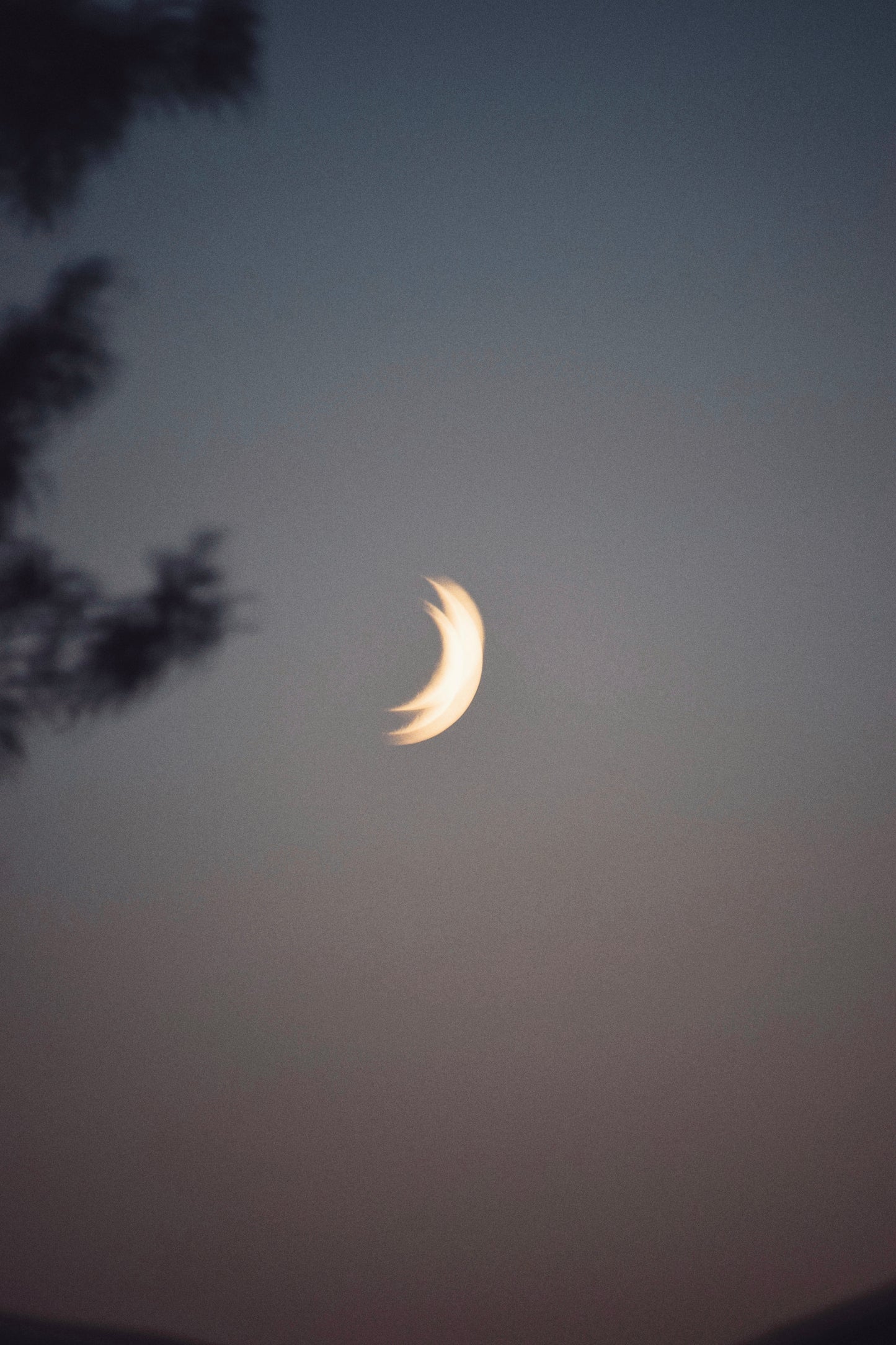 Two crescent moons in twilight sky, captured in fine art photography by Jessica Joy, showcasing nature's beauty.
