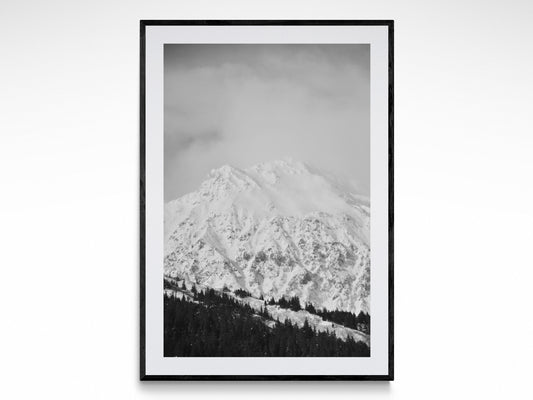 Black and white fine art print of snow-covered mountains, showcasing 'Winter Wonderland' photography by Jessica Joy.
