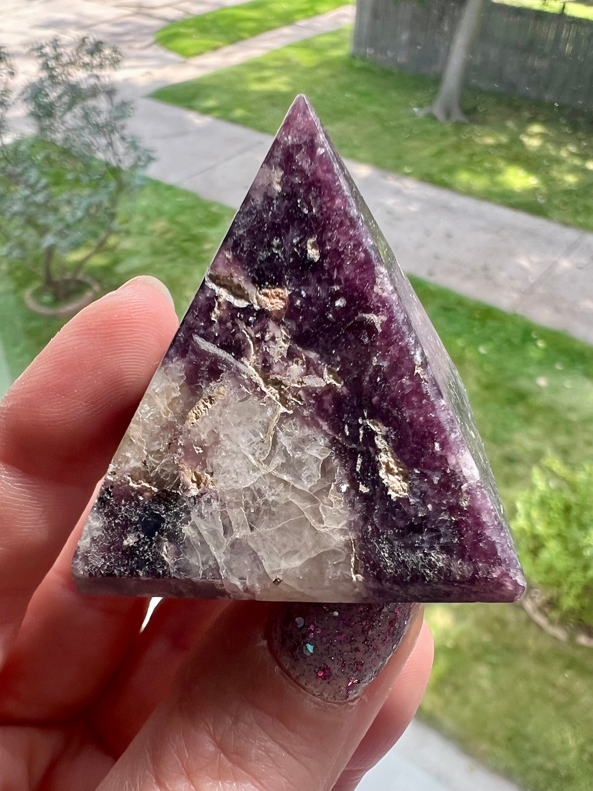 Purple Lepidolite Pyramid With Peach Stilbite Inclusions