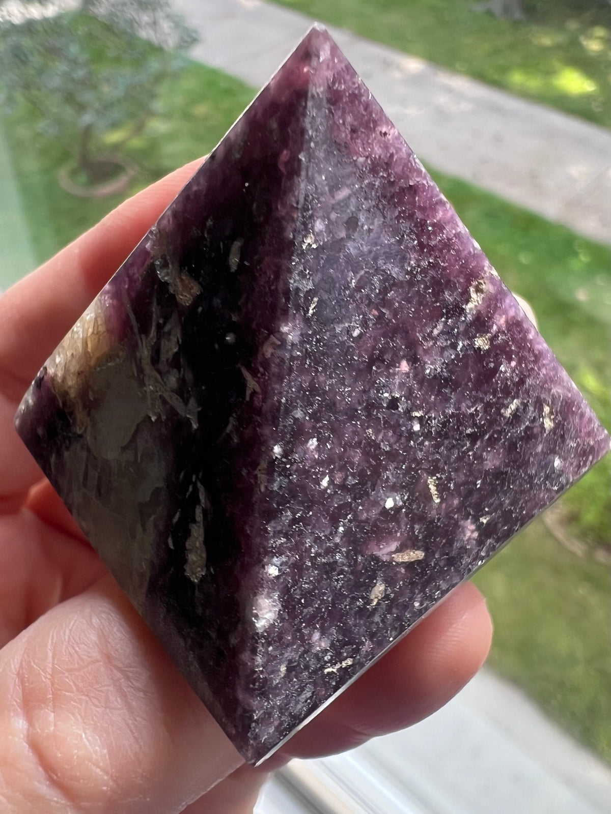 Purple Lepidolite Pyramid With Peach Stilbite Inclusions