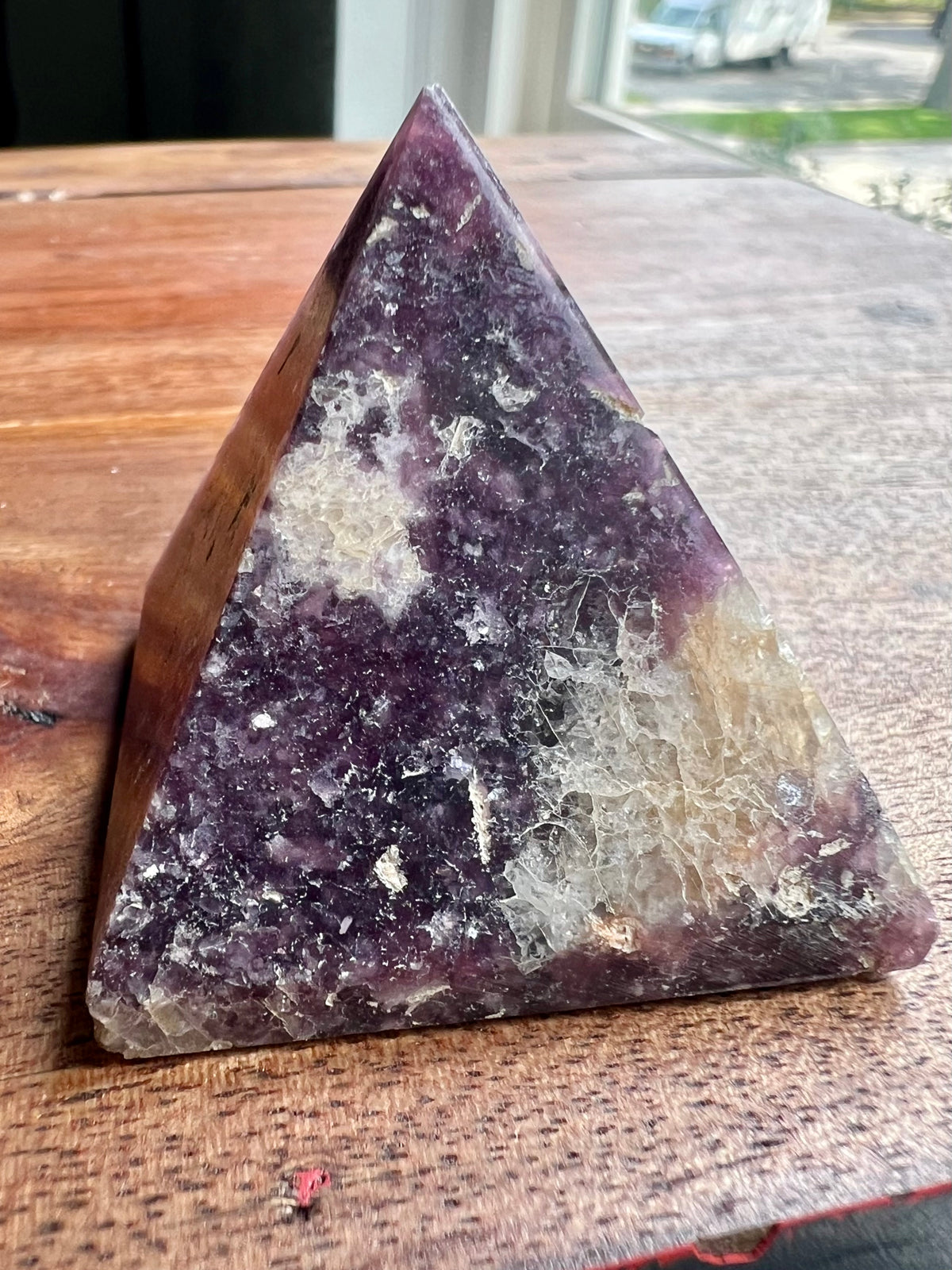 Purple Lepidolite Pyramid With Peach Stilbite Inclusions
