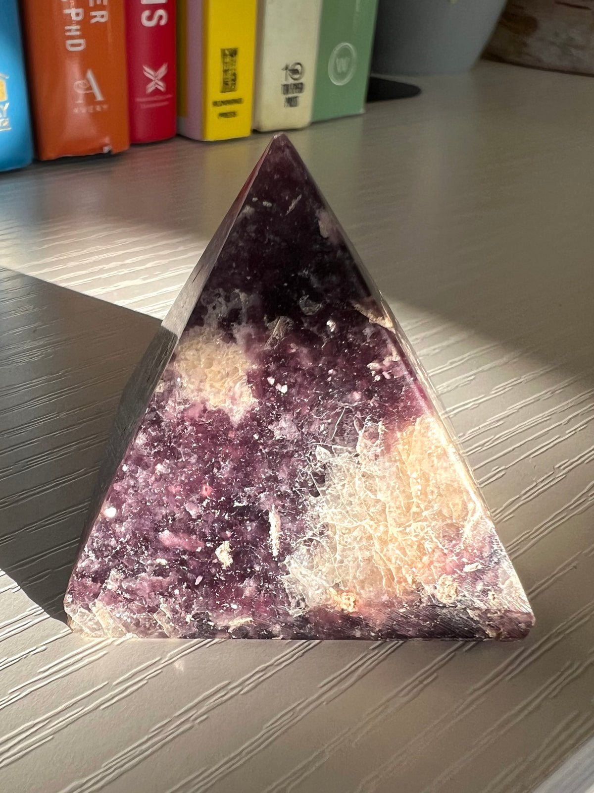 Purple Lepidolite Pyramid With Peach Stilbite Inclusions