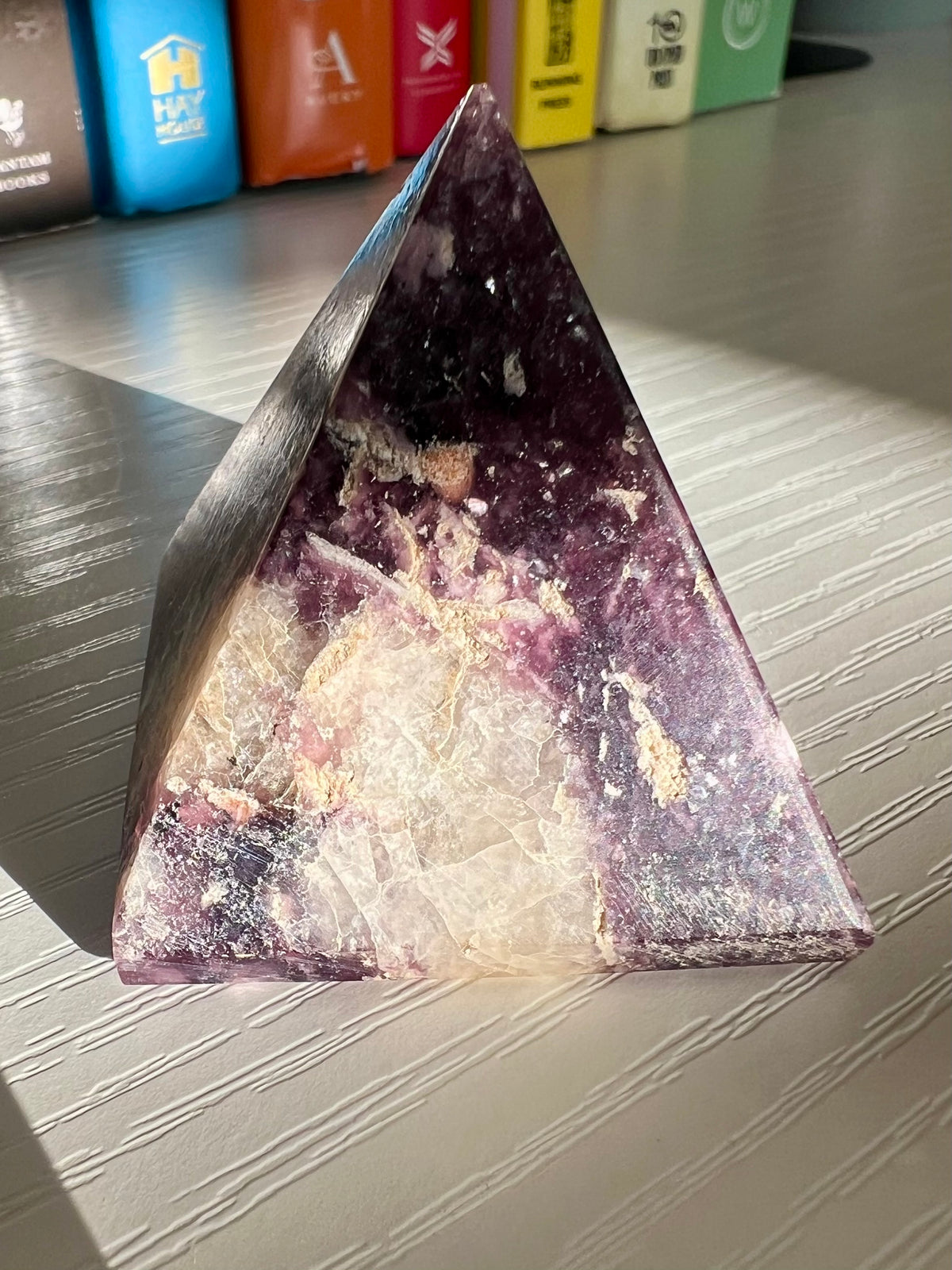 Purple Lepidolite Pyramid With Peach Stilbite Inclusions