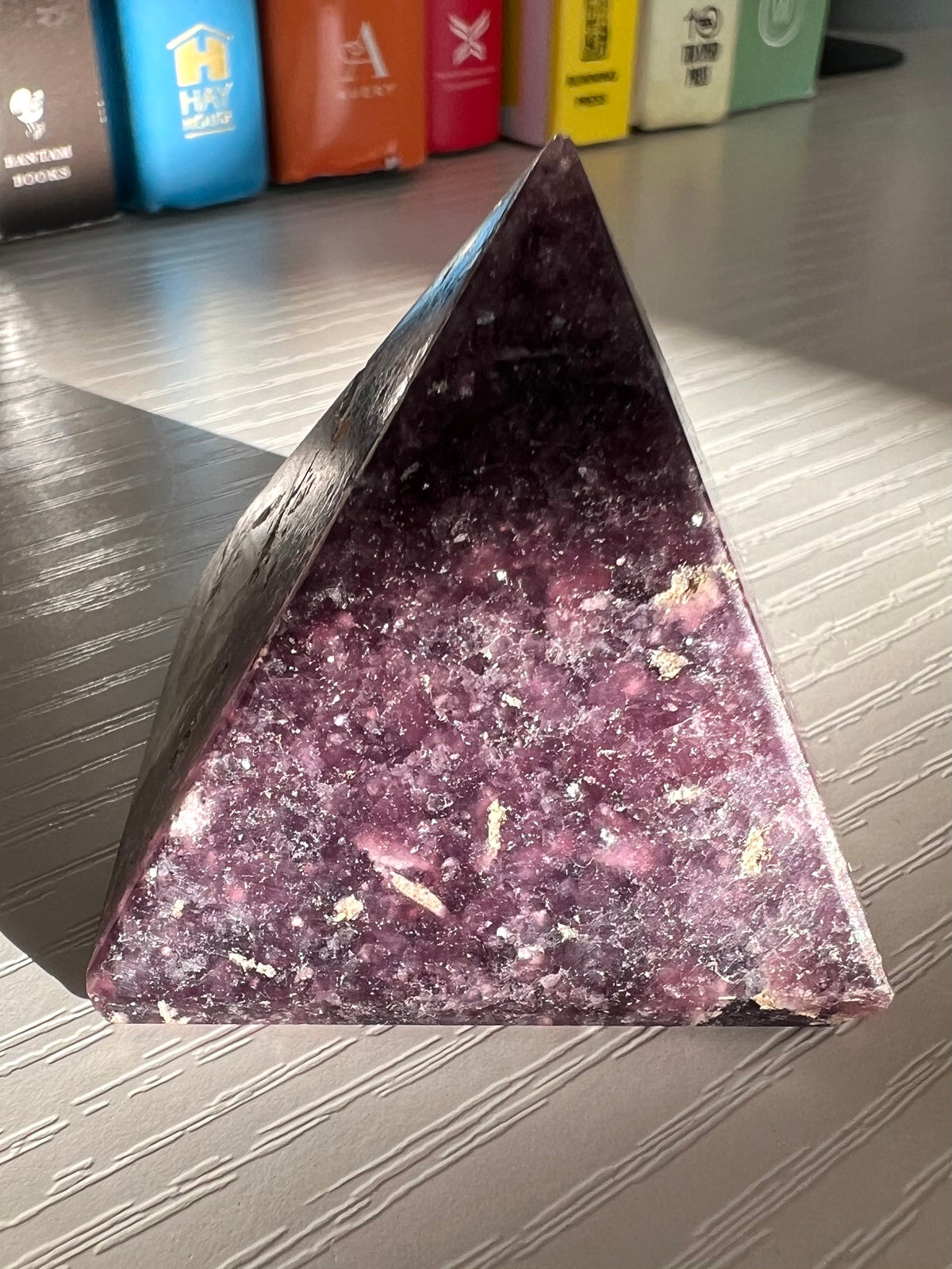 Purple Lepidolite Pyramid With Peach Stilbite Inclusions