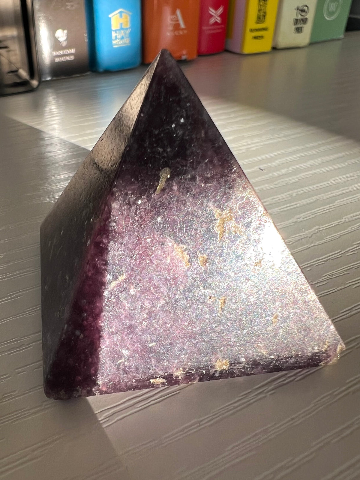 Purple Lepidolite Pyramid With Peach Stilbite Inclusions