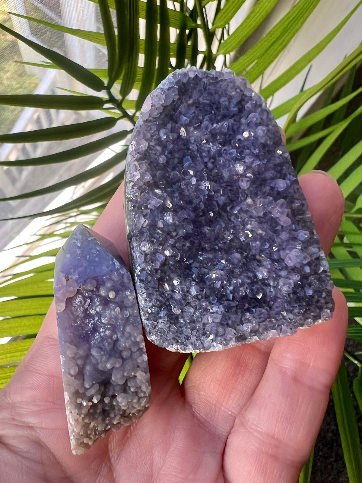Natural Grape Agate Small Tower & Amethyst Geode Set