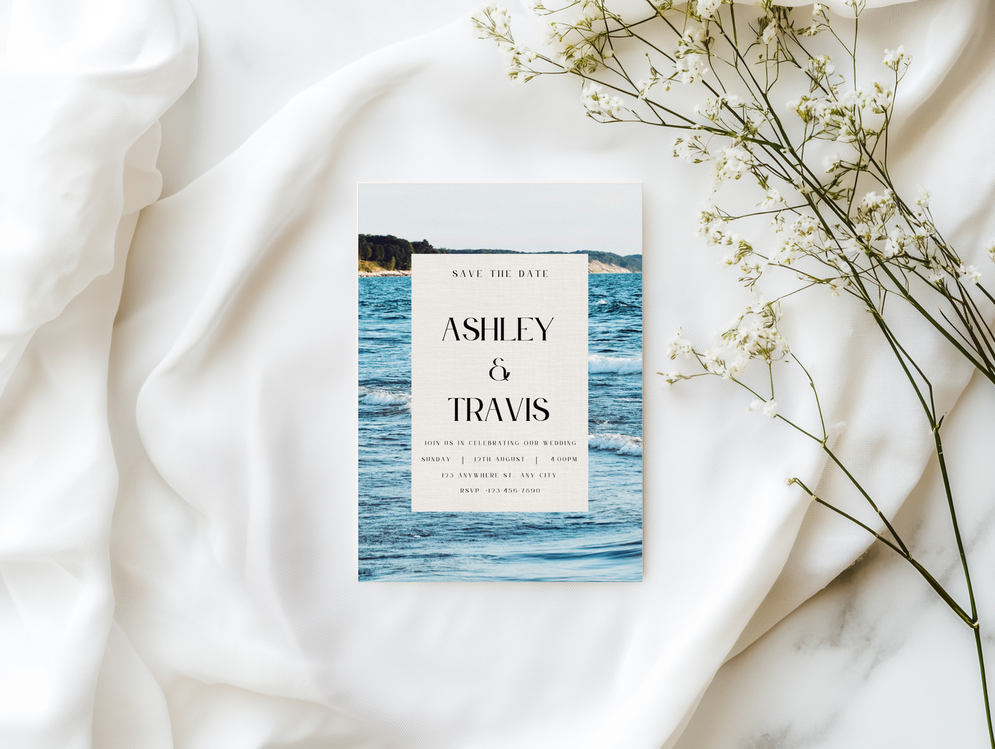 Lake Michigan Shores Wedding Invitation Editable Digital Download