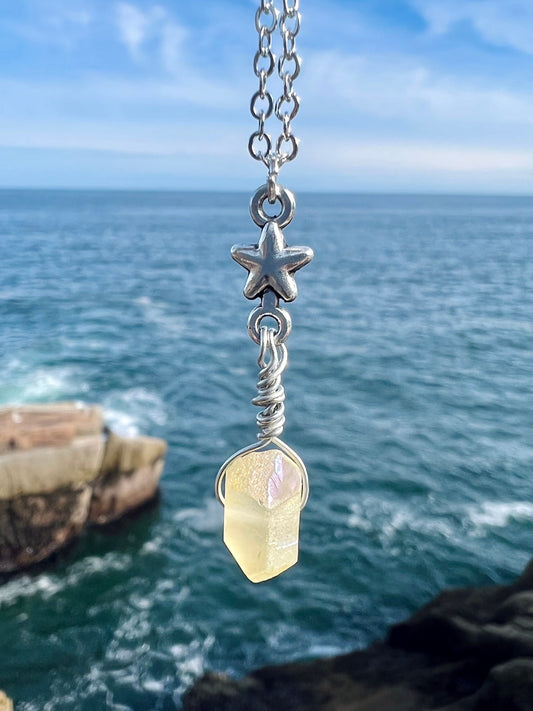 Yellow Aura Quartz Star Crystal Necklace