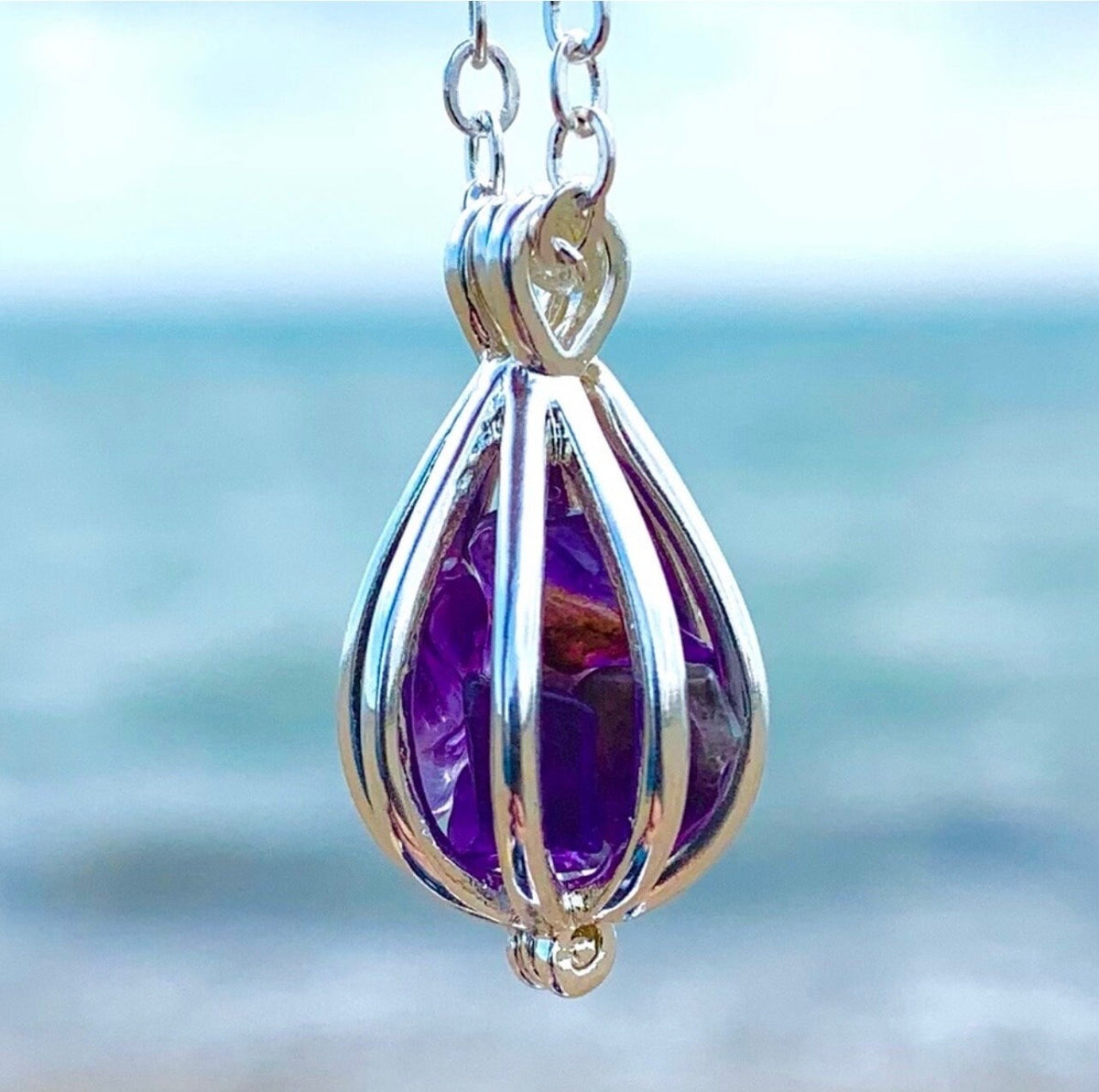 Amethyst Caged Crystal Pendant Necklace: