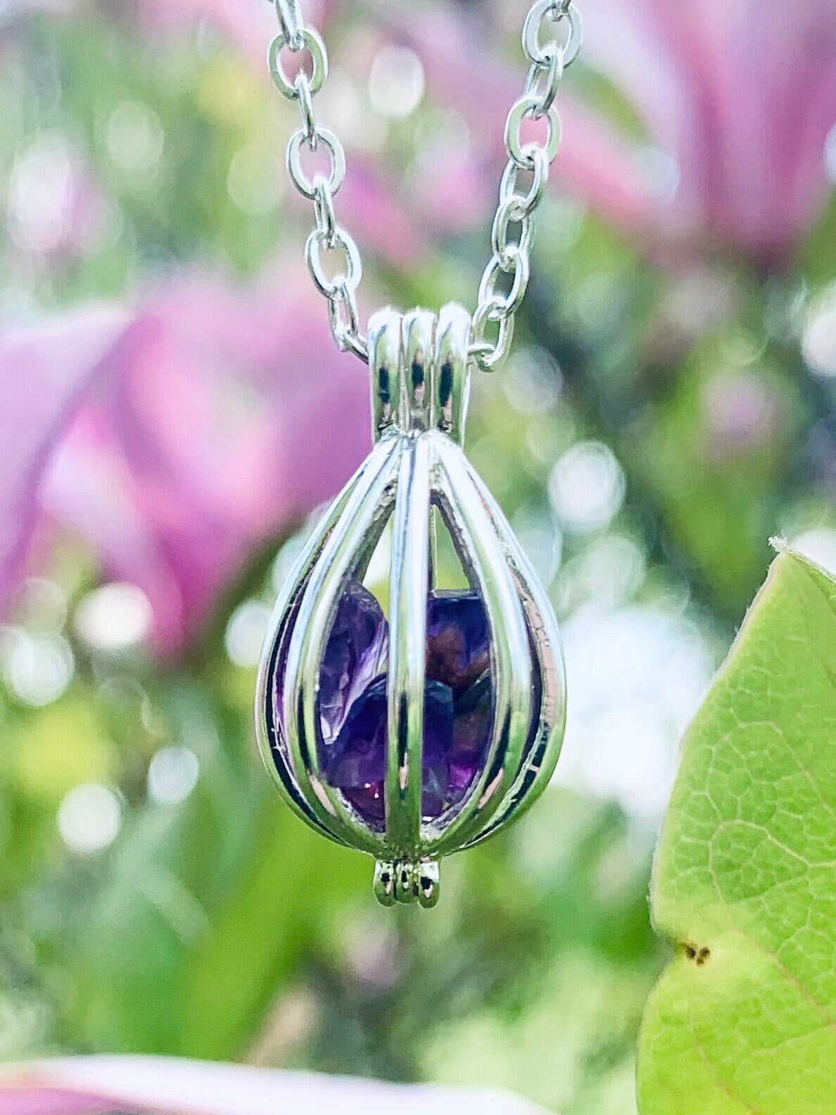Amethyst Caged Crystal Pendant Necklace: