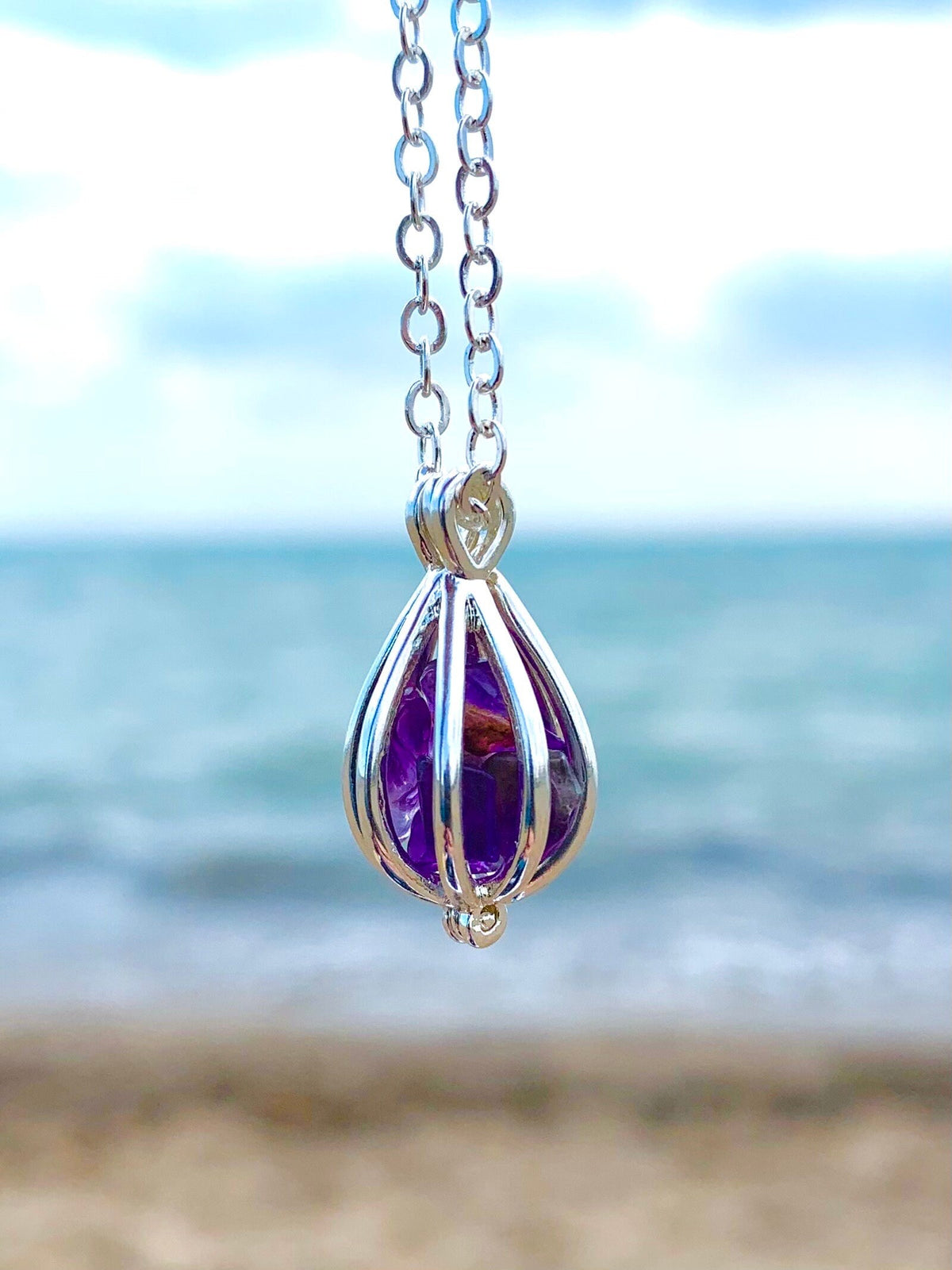 Amethyst Caged Crystal Pendant Necklace: