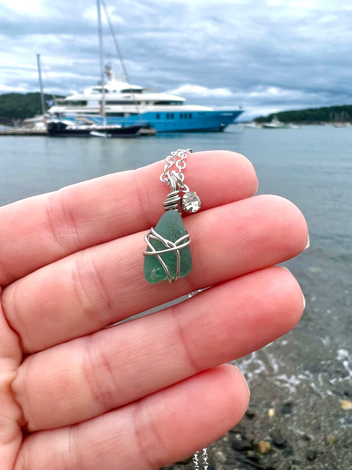 Rare Teal Seaglass Rhinestone Necklace