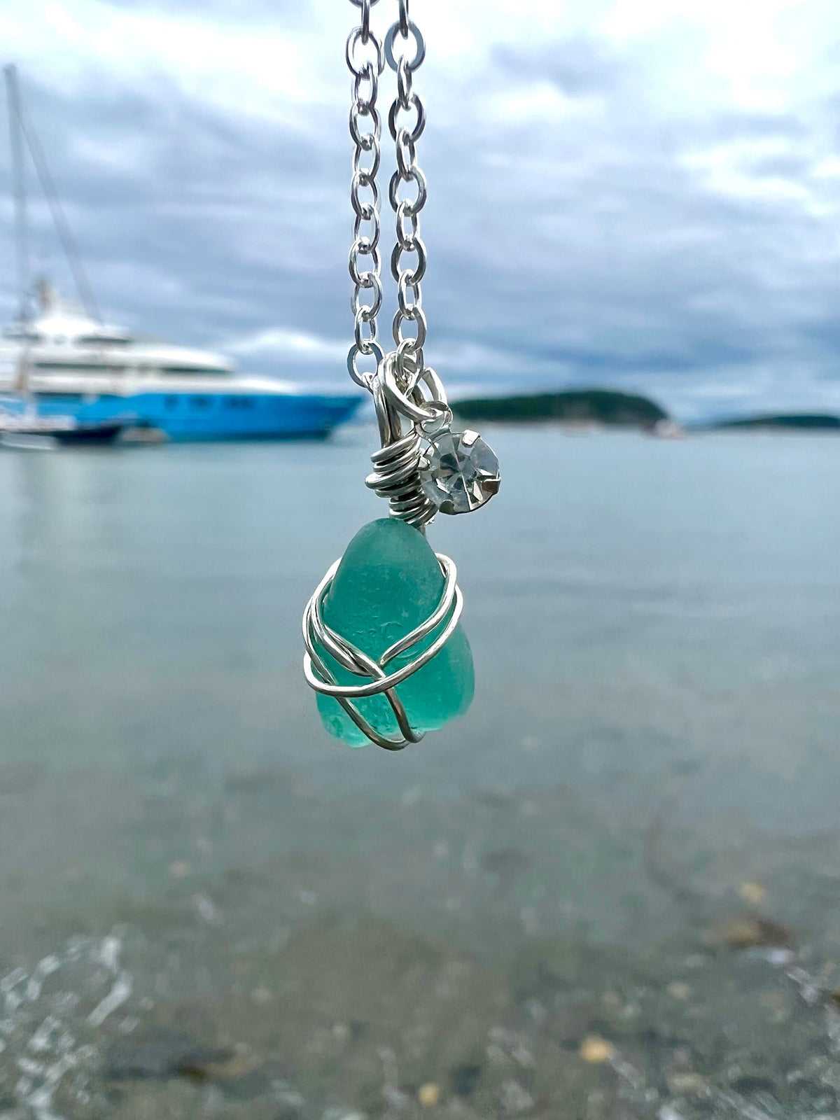 Rare Teal Seaglass Rhinestone Necklace