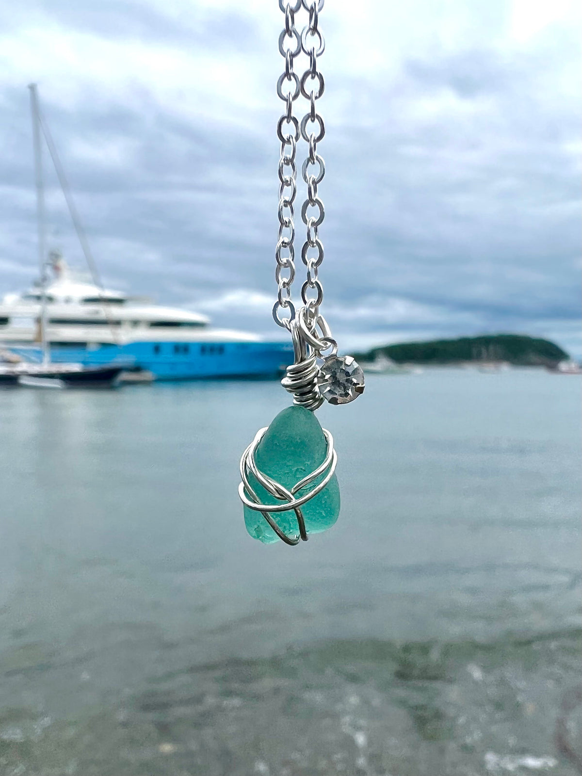 Rare Teal Seaglass Rhinestone Necklace