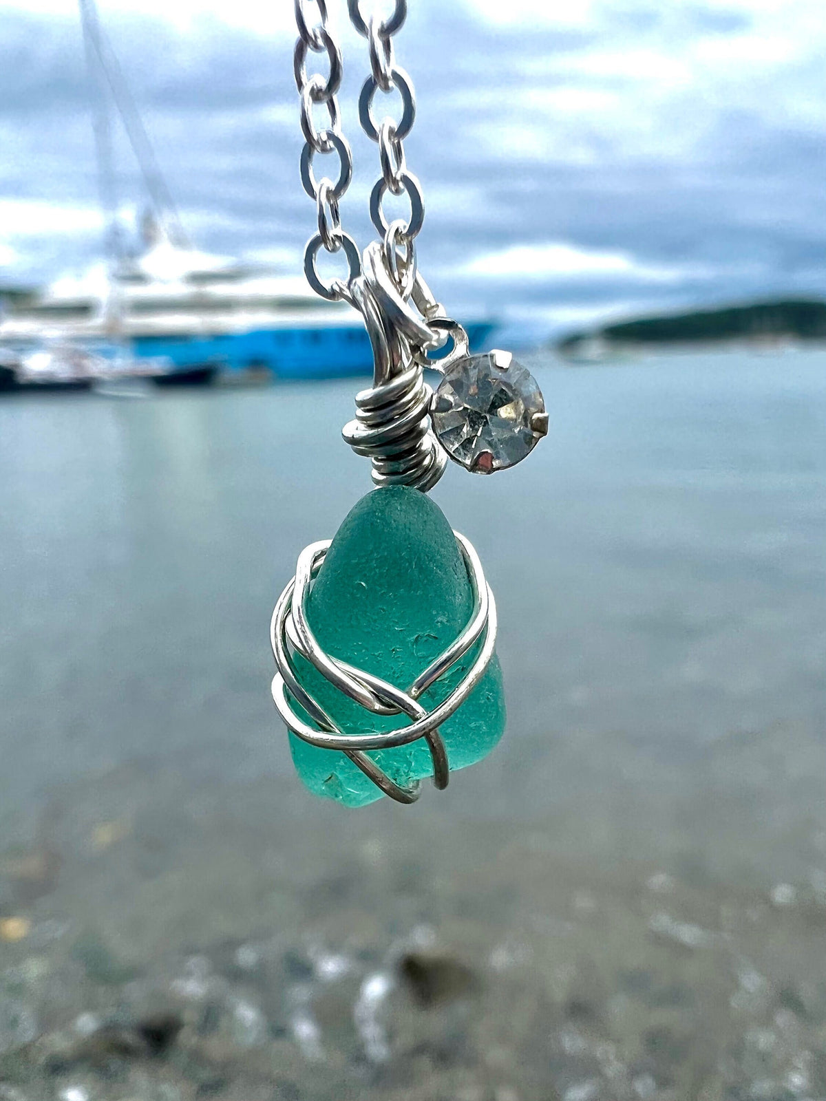 Rare Teal Seaglass Rhinestone Necklace