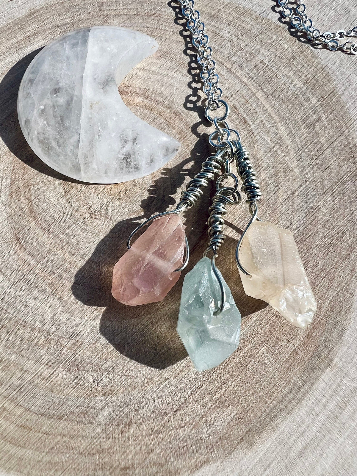 3 Stone Quartz Crystal Necklace Orange, Green, & Yellow