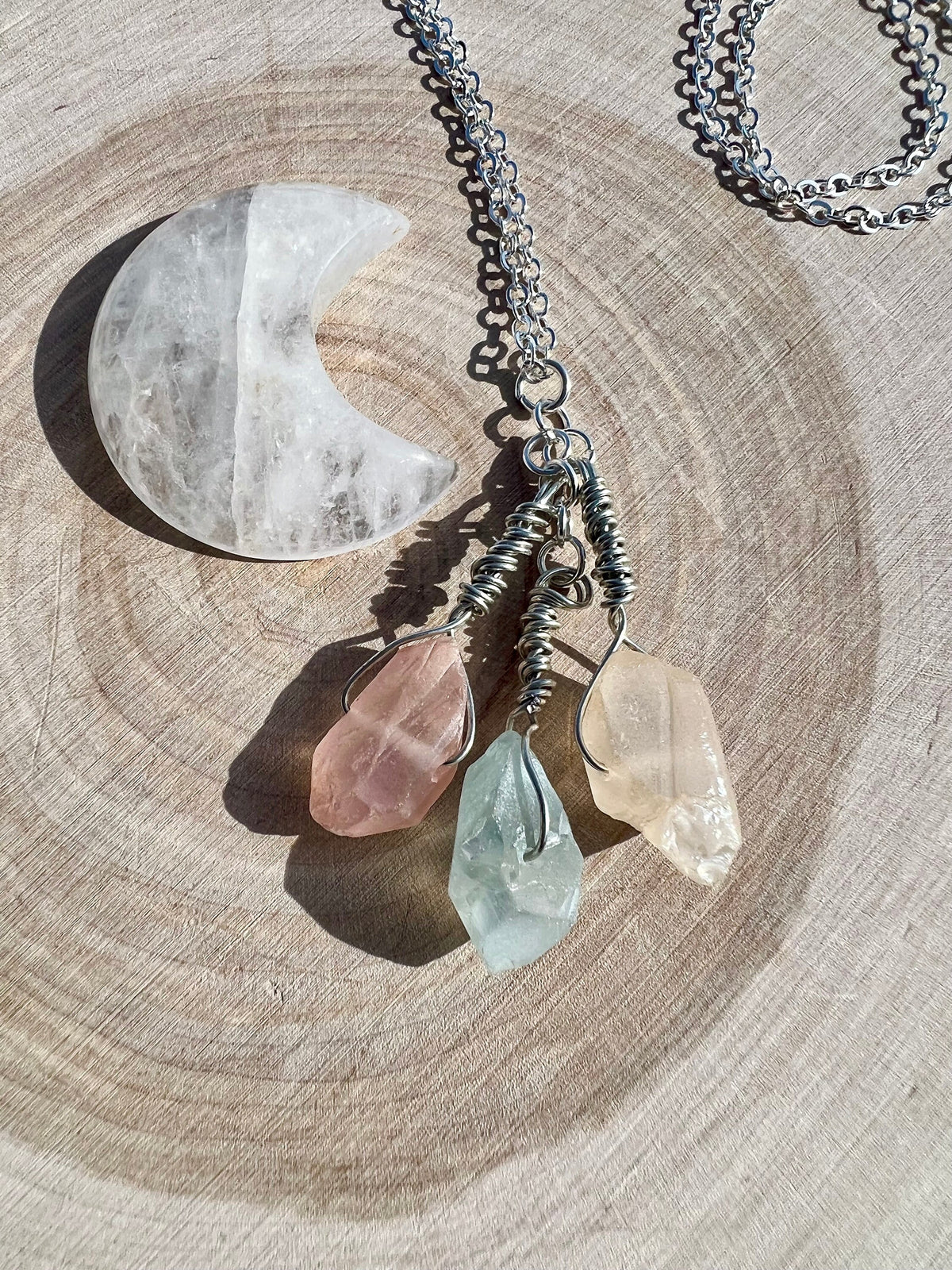 3 Stone Quartz Crystal Necklace Orange, Green, & Yellow