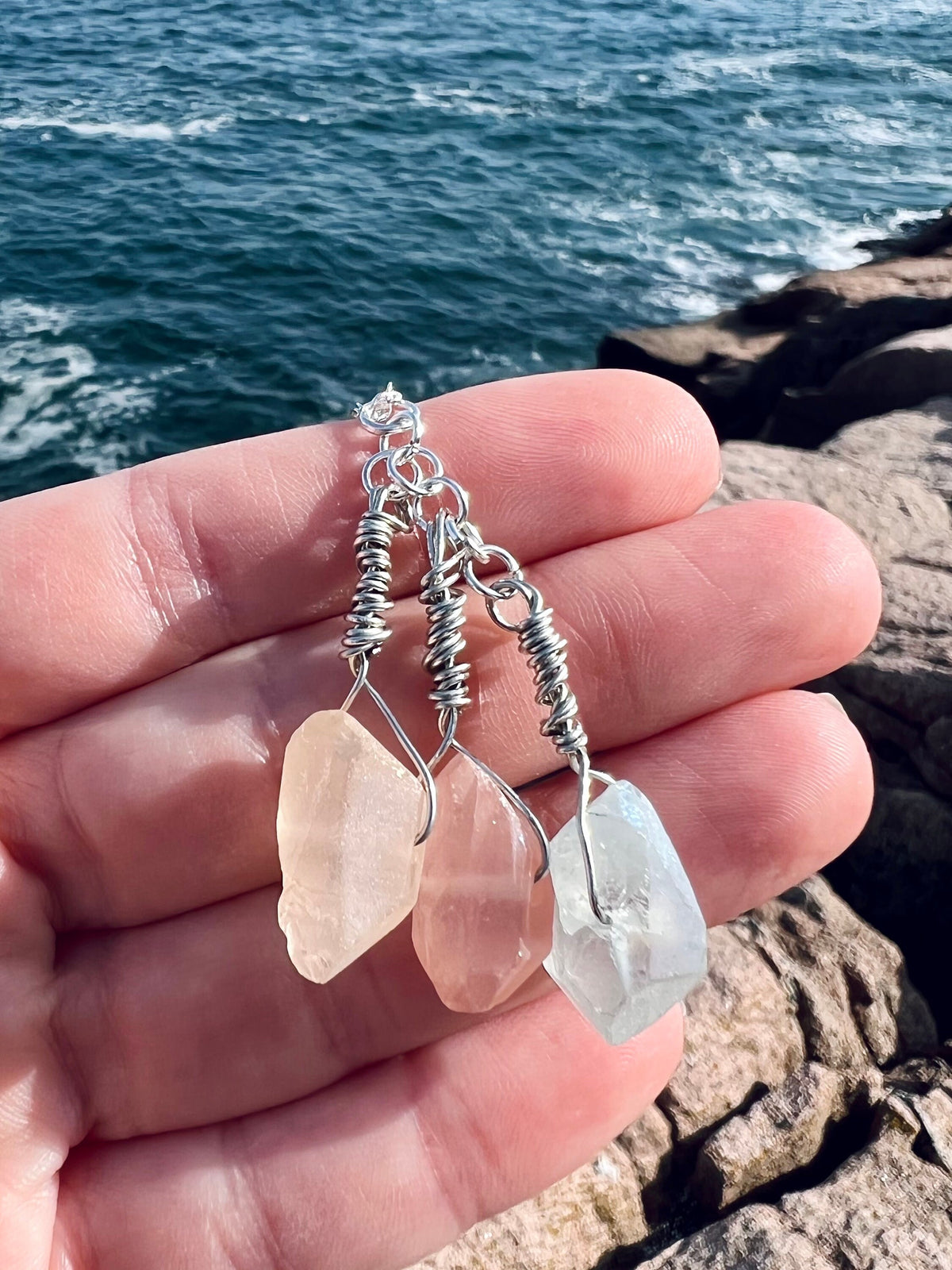 3 Stone Quartz Crystal Necklace Orange, Green, & Yellow