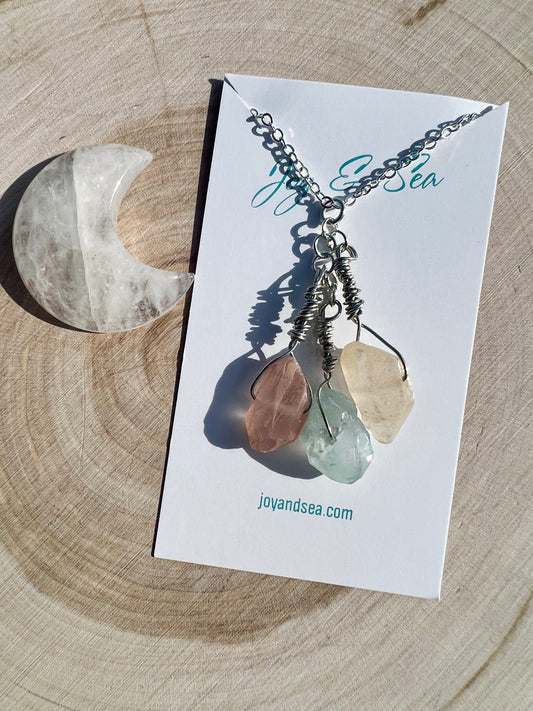 3 Stone Quartz Crystal Necklace Orange, Green, & Yellow