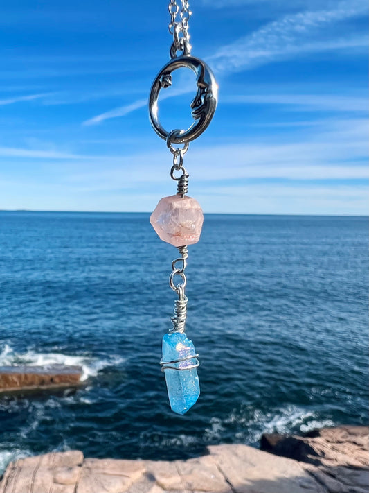 Blue & Peach Aura Quartz Neckace