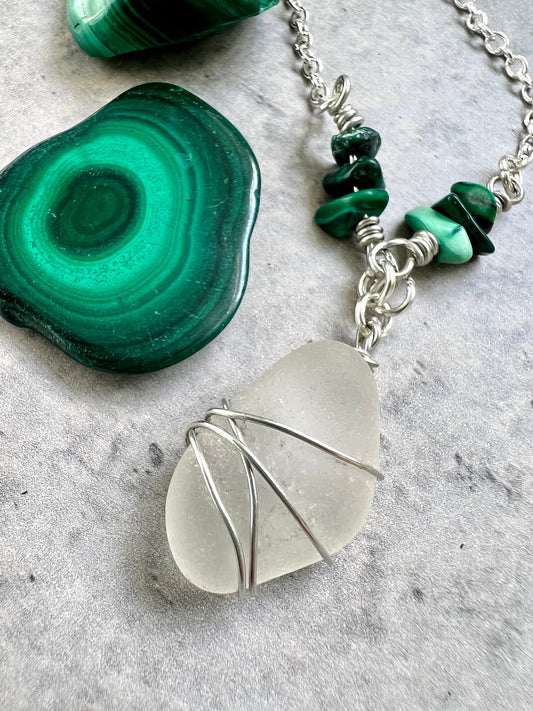 Ocean Seaglass & Malachite Crystal Necklace